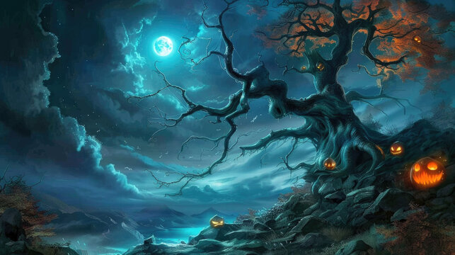 An eerie Halloween night features a towering tree, glowing jack-o'-lanterns, and a full moon casting an enchanting glow