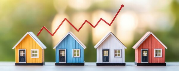 Real estate market surge depicted with tiny houses and an ascending graph line, illustrating increasing property investments