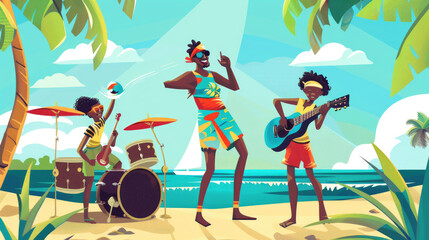 Three musicians play joyful tunes on the beach, surrounded by palm trees, creating an energetic atmosphere on a sunny day