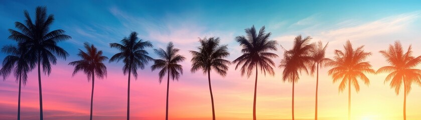 Silhouetted palm trees against a vibrant sunset sky, creating a tropical paradise vibe and perfect for summer themes.