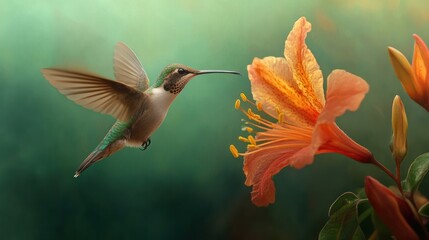 Obraz premium Hummingbird in Flight with Orange Flower