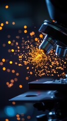 Close-up of a microscope emitting vibrant, glowing particles, creating a dynamic scientific atmosphere in a laboratory.