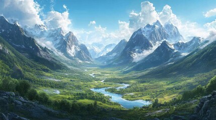 A panoramic view of a vast mountain valley with a river meandering through it, surrounded by towering peaks.