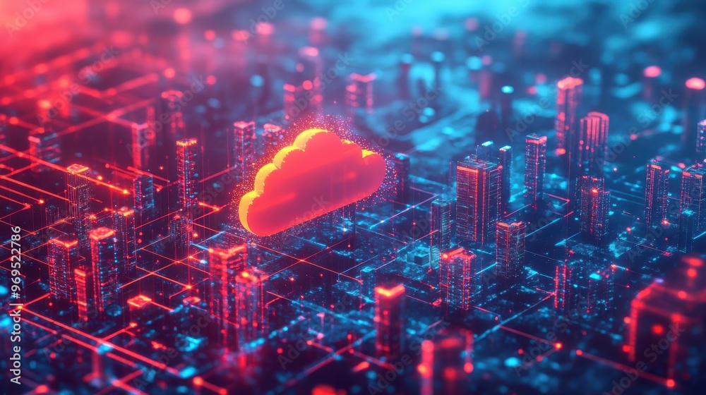 Fototapete Abstract visualization of cloud computing with a glowing red cloud icon over a futuristic digital cityscape, symbolizing data storage and technology.

