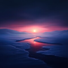 Fototapeta premium Breathtaking winter sunset over a tranquil river, surrounded by serene snow-covered landscape and vivid colors reflecting on water.