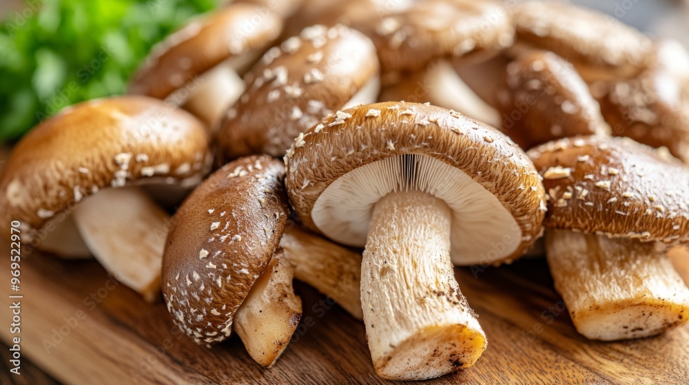 Poster detailed shot of a cluster of shiitake mushrooms on a wooden cutting board, emphasizing their distin