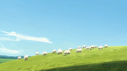 Peaceful Flock Grazing on a Lush Green Hill