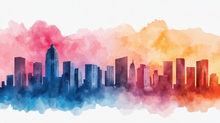 Fototapeta premium A vibrant watercolor skyline showcasing colorful city buildings at sunset, perfect for art and urban themes.