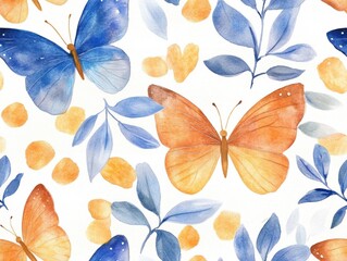 Obraz premium Beautiful watercolor pattern featuring colorful butterflies and delicate leaves, perfect for spring themes and nature designs.