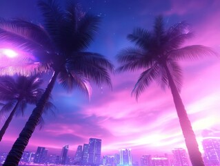 A vibrant sunset with palm trees silhouetted against a colorful skyline, creating a serene and tropical ambiance.