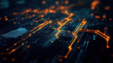 Obraz premium A futuristic digital circuit board featuring glowing orange lines and blue connections, symbolizing data flow, technology, and innovation. 
