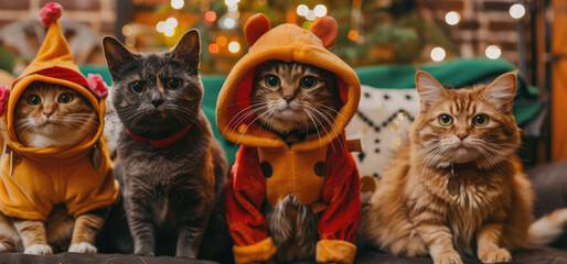 Four delightful cats dressed in colorful, cozy hoodies sit together on a couch, surrounded by warm holiday decorations and lights