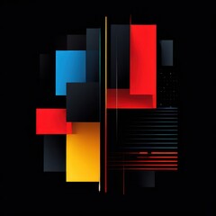 Abstract geometric composition with vibrant colors and shapes on a dark background.