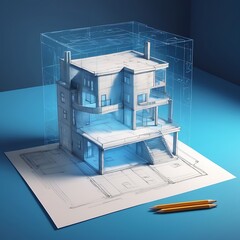 Holographic 3D Smart House on Blue Background