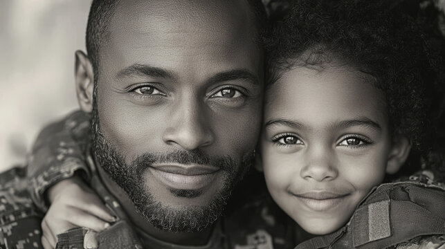 A close-up of a father and daughter smiling.