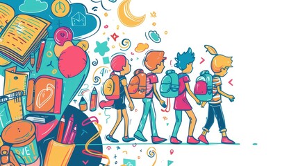 Obraz premium Colorful illustration of children walking with backpacks, showcasing friendship and adventure in a vibrant school setting.
