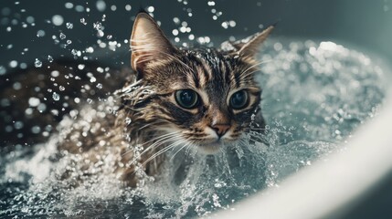 Obraz premium Detailed shot of a cat being bathed in a pet bathing tub, with water splashing around and the cat's fur glistening, emphasizing the bath time environment