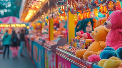 Fototapeta premium Tents with soft toy giveaways in amusement park, shooting range. Souvenir shop.