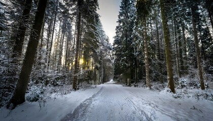 Fototapeta premium dense forest with a snow covered path along the road
