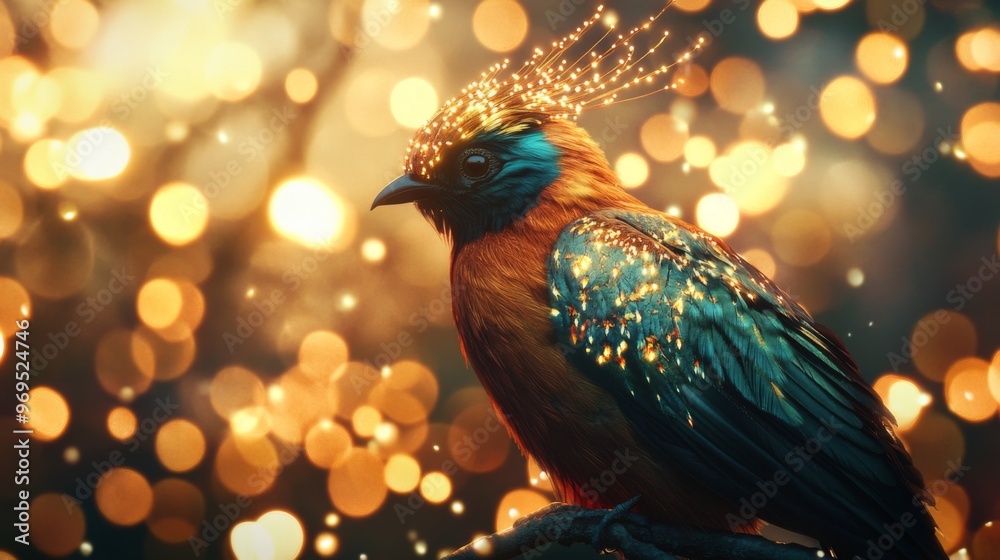 Poster detailed shot of a majestic bird with bright feathers, sitting gracefully against a backdrop of glow