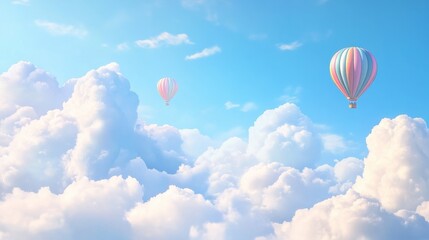 Fototapeta premium A picturesque sky with colorful hot air balloons floating gently against a backdrop of fluffy white clouds.