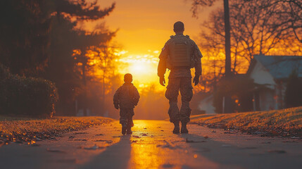 A father in military uniform walks with his son towards a beautiful sunset.
