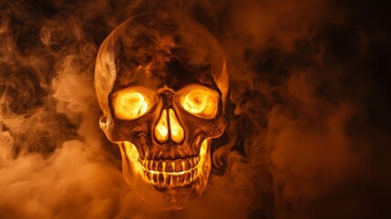 Glowing skull shrouded in smoke, eerie atmosphere