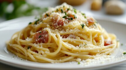 Detailed shot of a plate of spaghetti carbonara, with creamy sauce, crispy pancetta, and grated Parmesan, emphasizing the rich textures and appetizing presentation.