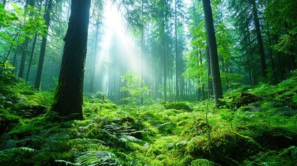 Fototapeta premium A mystical morning mist gracefully rolls through a dense forest, creating an enchanting and foggy atmosphere that captivates the senses and invites exploration of nature's secrets.