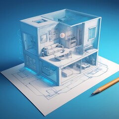 Holographic 3D Smart House on Blue Background