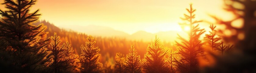 Fototapeta premium A serene landscape featuring sunlit trees at sunset, creating a warm and tranquil atmosphere in nature.