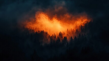 The landscape features a thick layer of smoky clouds rising above dark treetops, with an orange glow illuminating the sky at twilight, creating an eerie yet captivating atmosphere