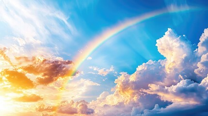 Fototapeta premium A vibrant rainbow arches elegantly across a cloudy sky, showcasing a stunning weather phenomenon that follows a refreshing rainstorm, bringing hope and beauty to the landscape.