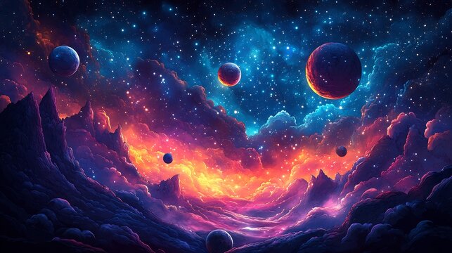 Vector design of a stylized cosmic scene with planets asteroids and swirling galaxies rendered in vibrant colors and geometric shapes creating a sense of wonder and exploration