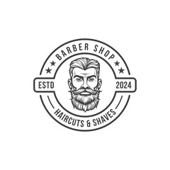 Obraz premium Barber shop logo template. Handsome man with beard and mustache. Scissors. Barber shop symbol. line art editable vector.