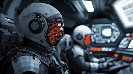 Fototapeta premium Futuristic astronauts operating advanced technology inside a space cockpit with glowing interfaces and immersive details.
