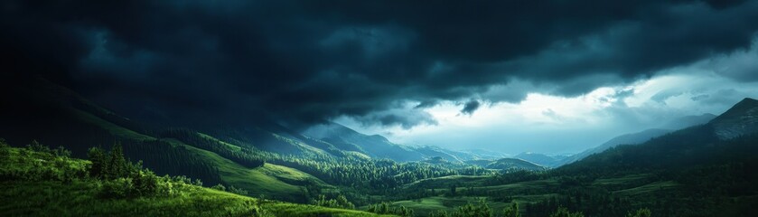 Fototapeta premium A breathtaking view of a lush green valley under a dramatic sky filled with dark clouds and enchanting light rays breaking through.