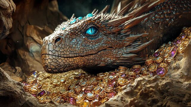 Majestic dragon resting on a treasure hoard in a mystical cave setting during the twilight hours