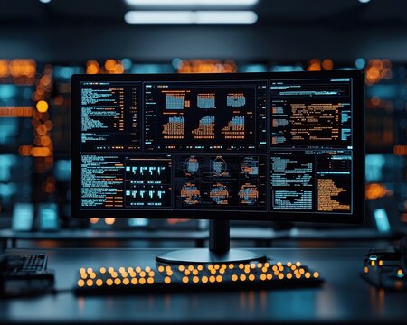 High-tech computer monitor displaying intricate data analytics in a modern digital workspace with glowing keyboard.