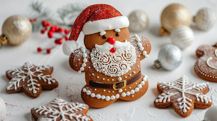 Fototapeta premium Christmas gingerbread santa on white isolated background