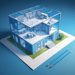 Holographic 3D Smart House on Blue Background