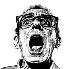 A highly detailed black-and-white illustration of an elderly man screaming in shock, with exaggerated facial features, large glasses, and an intense, dramatic expression.