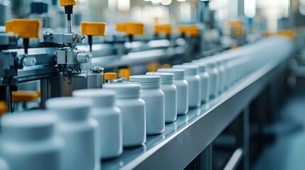 Fototapeta premium Production line showcasing white bottles on a conveyor belt in a modern manufacturing facility, illustrating efficiency and technology.