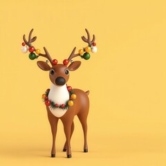 Naklejka premium Christmas reindeer, adorned with festive decorations, 3D illustration, copy space for text,