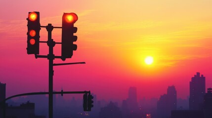 A silhouette of traffic lights against a vibrant sunset, with the city skyline visible below.