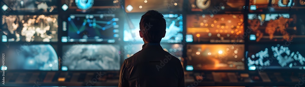 Poster person standing in front of multiple screens with data, graphics, and maps in a control room setting