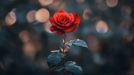 A single red rose in full bloom, standing out against a dark, blurred background.
