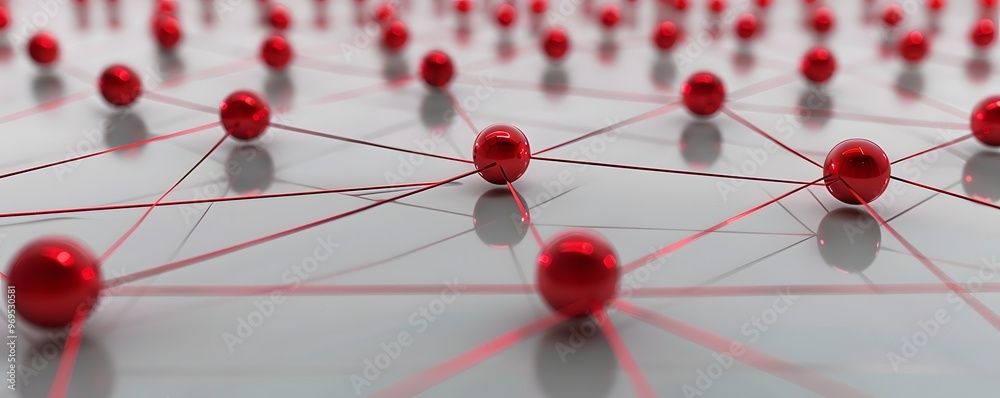 Poster red spheres connected by lines on a light background, representing a network or communication concep