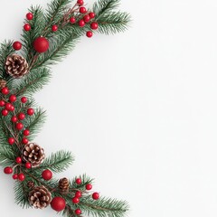Christmas wreath, with red berries and pinecones, 3D illustration, copy space for text,