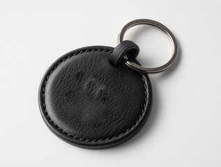 keychain mockup, a round black leather key chain